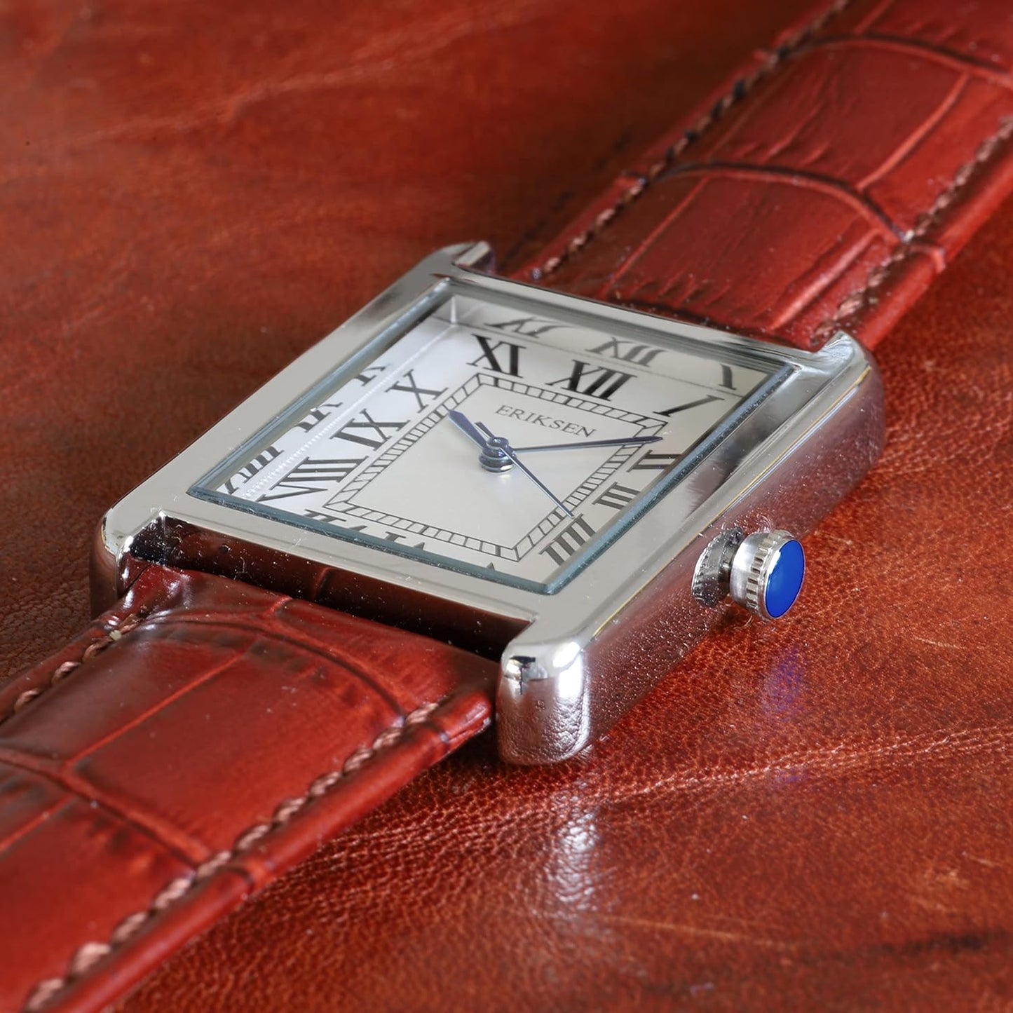 ERIKSEN Vintage Retro Rectangular Silver Analog Quartz Dress Watch CMSBRN